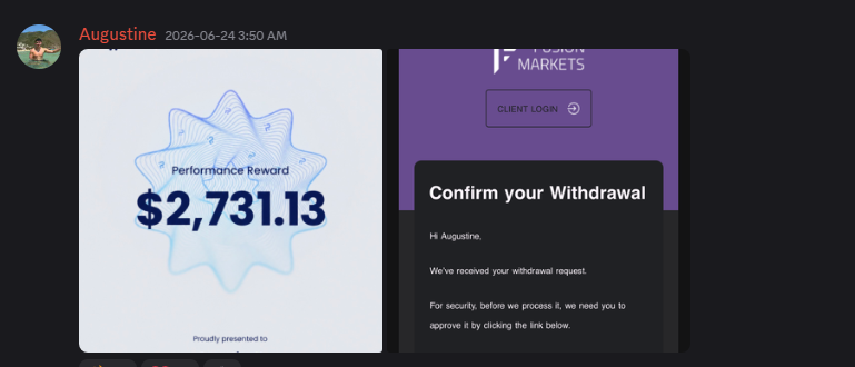 Member Augustine posts a performance reward and withdrawal confirmation
