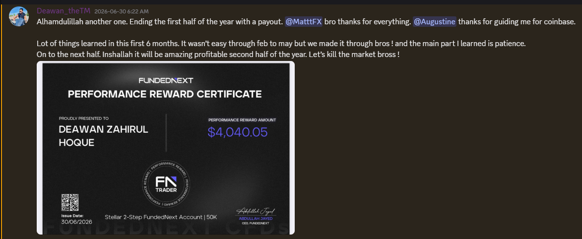 Member Deawan posts a prop firm payout and thanks Matt, saying the main thing he learned was patience