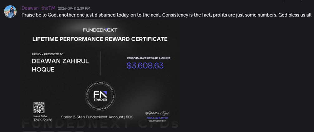 Member Deawan posts a FundedNext performance reward certificate