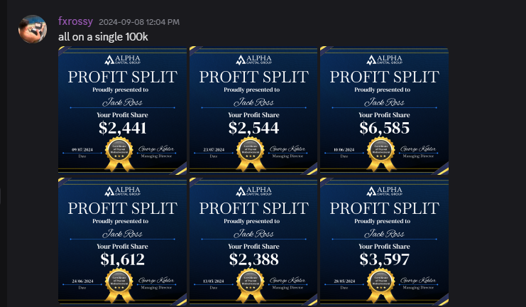 Member Jack posts six profit split certificates from a single 100K funded account